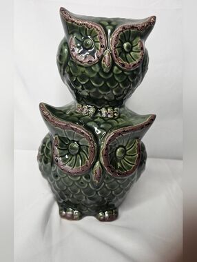 Pier 1 Imports Green Glazed Ceramic Double Owl Vase Figurine Boho Decor 8.5"